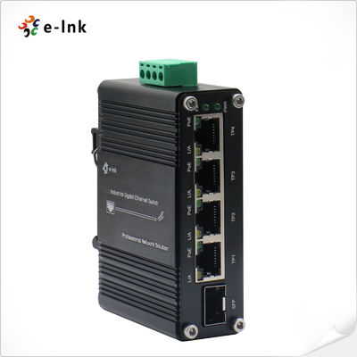 Mini Industrial 4-Port 10/100/1000T 802.3at PoE + 1-Port 100/1000X SFP Ethernet Switch dengan 12 ~ 48VDC Input dan Voltage Booster