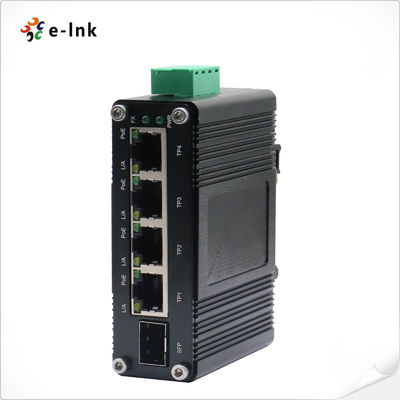 Mini Industrial 4-Port 10/100/1000T 802.3at PoE + 1-Port 100/1000X SFP Ethernet Switch dengan 12 ~ 48VDC Input dan Voltage Booster