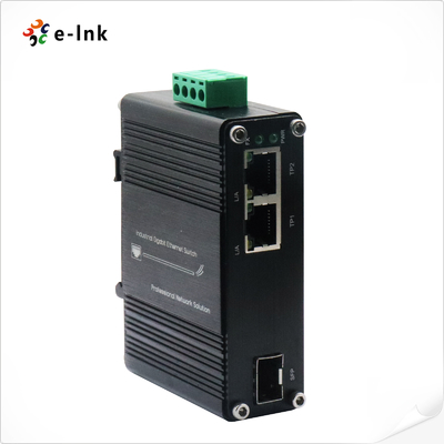 Mini Industrial 1-Port 100/1000X SFP ke 2-Port 10/100/1000T Ethernet Media Converter Mendukung Full/Half-duplex, negosiasi otomatis